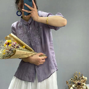 Áo sơ mi linen ngắn tay cổ pipi thêu những bông tuyết đối xứng - NU7182