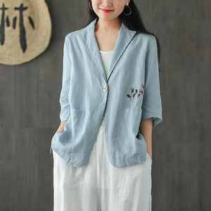 Áo khoác vest linen ngắn tay hai túi thêu nhành hoa - NU7190