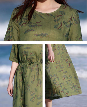 Đầm liền linen in hoa lá ngắn tay cổ tròn eo thắt dây - NU8579