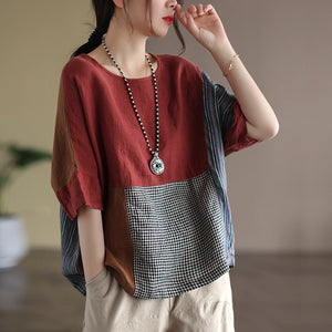 Áo T-shirt linen ngắn tay cổ tròn chắp vá mảng màu caro - NU7274