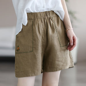 Quần sooc linen lưng thun hai túi vuông thêu bông hoa nhỏ - NU6883