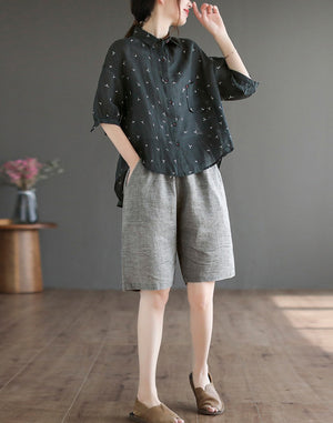 Áo sơ mi linen ngắn tay cổ đức in mỏ neo - NU7424