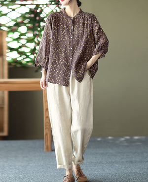 Áo sơ mi linen tay lửng cổ đứng in hoa văn - NU6920