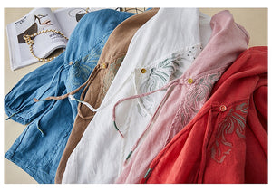 Áo sơ mi linen tay lửng cổ tàu vạt chéo thêu hoa văn - NU8280