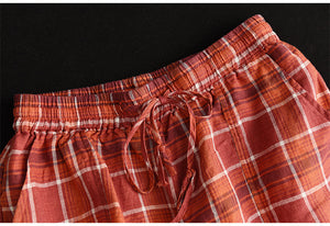 Quần sooc linen sọc caro lưng thun dây rút  - NU7069