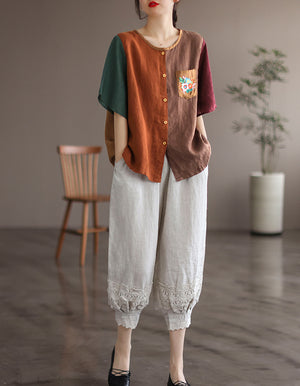 Áo sơ mi linen ngắn tay cổ tròn mảng màu thêu hoa trước túi - NU7053