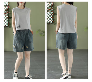 Quần sooc denim lưng thun túi vuông kiểu sờn rách - NU7119