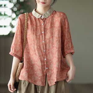 Áo sơ mi linen ngắn tay cổ pipi phối màu in những nhành cây - NU7506