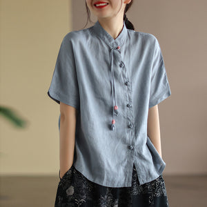 Áo sơ mi linen ngắn tay cổ đứng khuy tròn cài lệch - NU6918
