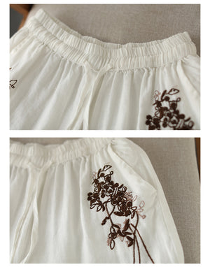 Quần baggy linen lưng thun dây rút ống rộng thêu hoa lá - NU8294