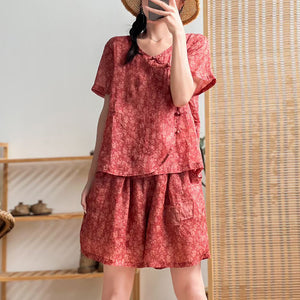 Bộ đồ gồm áo sơ mi ngắn tay khuy tàu và quần sooc in hoa liti - NU7210