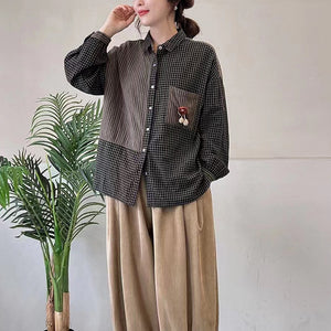 Áo sơ mi dài tay cổ đức kẻ sọc caro túi đính hoa - NU8154