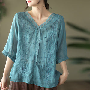 Áo sơ mi linen ngắn tay cổ V thêu ren và dây leo - NU7050