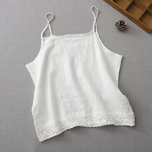Áo T-shirt linen hai dây sát nách cổ V kiểu ren viền - NU8418