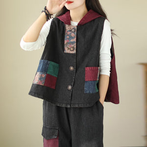 Áo khoác denim sát nách có mũ phối mảng màu - NU7601