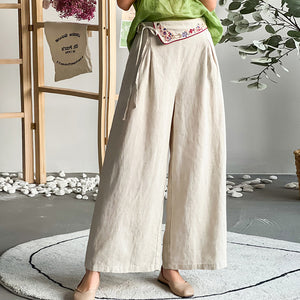 Quần baggy linen lưng cao thêu hoa văn ống rộng - NU8413