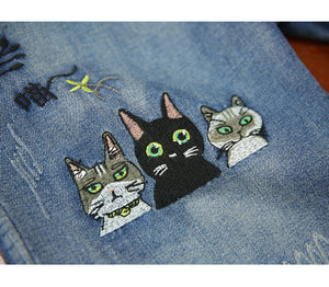Quần baggy denim thêu mèo và lá cây - NU2449 - kamaka.vn - thời trang nhật