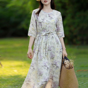 Đầm liền linen ngắn tay cổ tròn khuy cài in hoa lá - NU8266