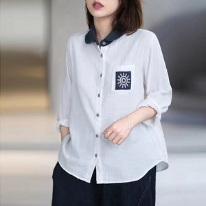 Áo sơ mi dài tay cổ pipi một túi thêu mặt trời - NU7606