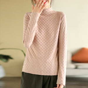 Áo T-shirt len cashmere dài tay cổ lọ kiểu ô vuông - NU7964