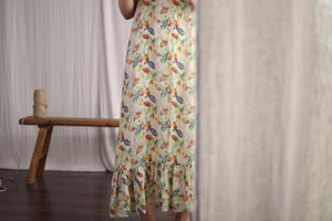 Đầm liền linen hai dây in hoa lá tùng xòe - NU7126