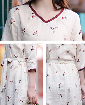 Đầm liền linen ngắn tay cổ V thêu nhành hoa đỏ - NU8433