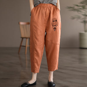 Quần baggy linen lưng thun thêu cô bé tóc xù - NU6830