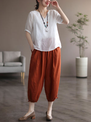 Áo T-shirt linen ngắn tay cổ V thêu hình học đối xứng - NU7330
