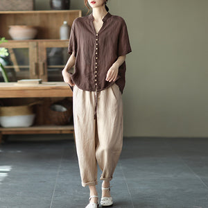 Áo sơ mi linen ngắn tay cổ đứng dây rút vạt áo - NU7016