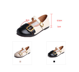 Giày da retro đế bệt mũi tròn mảng màu quai cài - OD0677