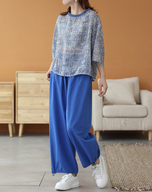 Áo T-shirt linen ngắn tay cổ tròn bo thun in hoa văn - NU7302