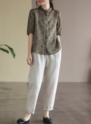Áo sơ mi linen ngắn tay cổ pipi in hoa lá  - NU6834