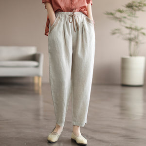 Quần baggy linen lưng thun dây rút hai túi viền thêu hoa văn - NU7167