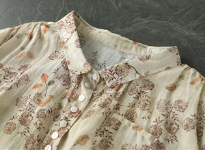 Áo sơ mi linen ngắn tay cổ pipi in hoa lá một túi nhỏ - NU6908
