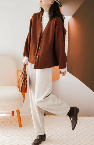 Áo khoác cardigan len dạ dài tay hai cổ V hai túi chéo - NU7872