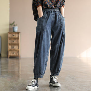 Quần baggy denim lưng thun xếp ly gấu túm - NU6685