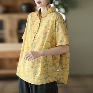 Áo sơ mi linen ngắn tay cổ đức in những chú cú ngộ nghĩnh - NU7066