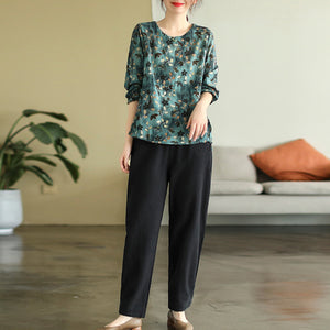 Áo sơ mi linen dài tay cổ tròn in hoa lá eo dây rút - NU8209