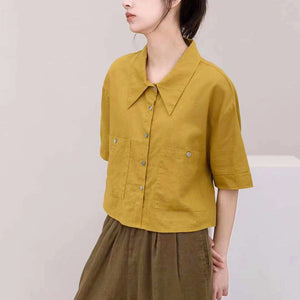 Áo sơ mi linen ngắn tay cổ sen nhọn hai túi vuông - NU7511