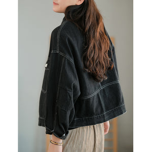 Áo khoác denim dài tay cổ đức hai túi chỉ nổi - NU7706