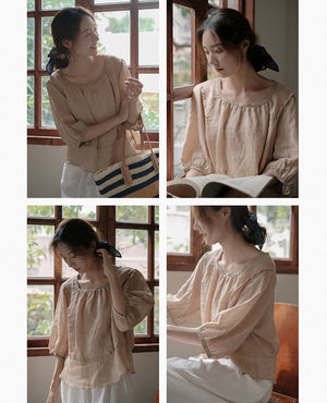 Áo sơ mi linen ngắn tay cổ vuông khuy cài sau - NU8543