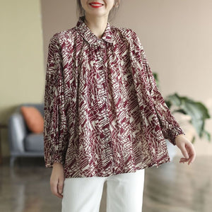 Áo sơ mi linen dài tay cổ pipi xếp ly hoa văn trừu tượng - NU6727