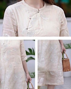 Đầm liền linen ngắn tay cổ tàu thêu hoa đơn sắc - NU8438