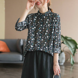 Áo sơ mi linen dài tay cổ pipi xếp ly in hoa nhí - NU6693