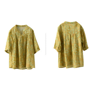 Áo sơ mi linen ngắn tay cổ V khuy đôi in hoa lá - NU8578
