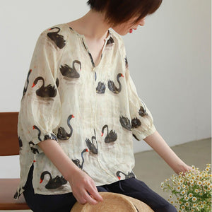Áo sơ mi linen ngắn tay cổ V một khuy - NU7465