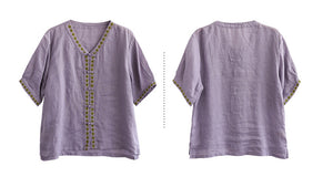 Áo sơ mi linen ngắn tay cổ V khuy tròn hoa văn thổ cẩm - NU6965