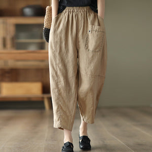 Quần baggy linen lưng thun ba túi thêu hoa lá - NU6815