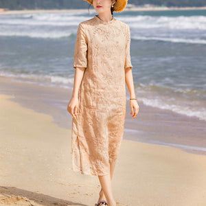 Đầm liền linen ngắn tay cổ đứng khuy lệch thêu hoa lá - NU8372