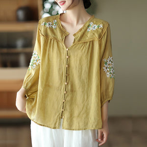 Áo sơ mi linen ngắn tay cổ V thêu hoa lá đối xứng - NU7526